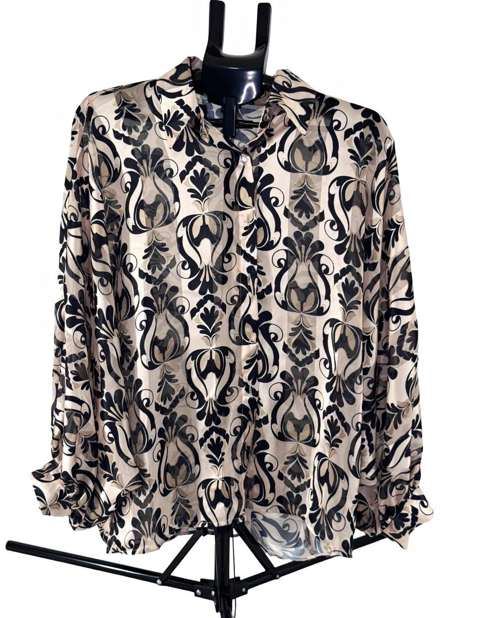 cobyCQ Women’s M/L Beige/Black Damask Chiffon Sheer Collared Blouse 11473TW